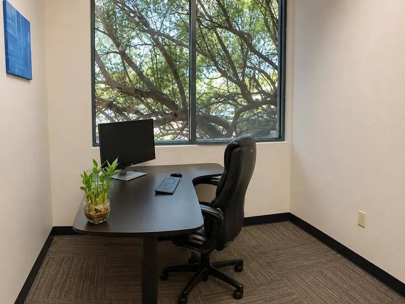 Private office Suite 118 at Spoke Coworking with an ergonomic desk, monitor, and window overlooking green trees.