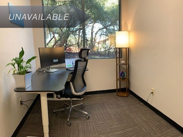 Private Junior Suite 120 at Spoke Coworking featuring a sit-stand desk, curved monitor, and large window with nature views.