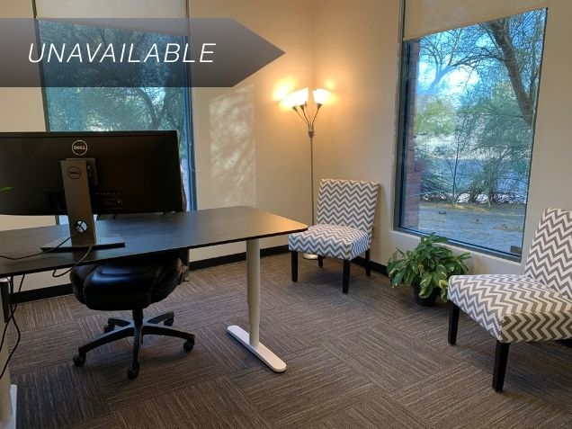 Premium private office Suite 110 with a sit-stand desk, large monitor, and windows overlooking a desert landscape.