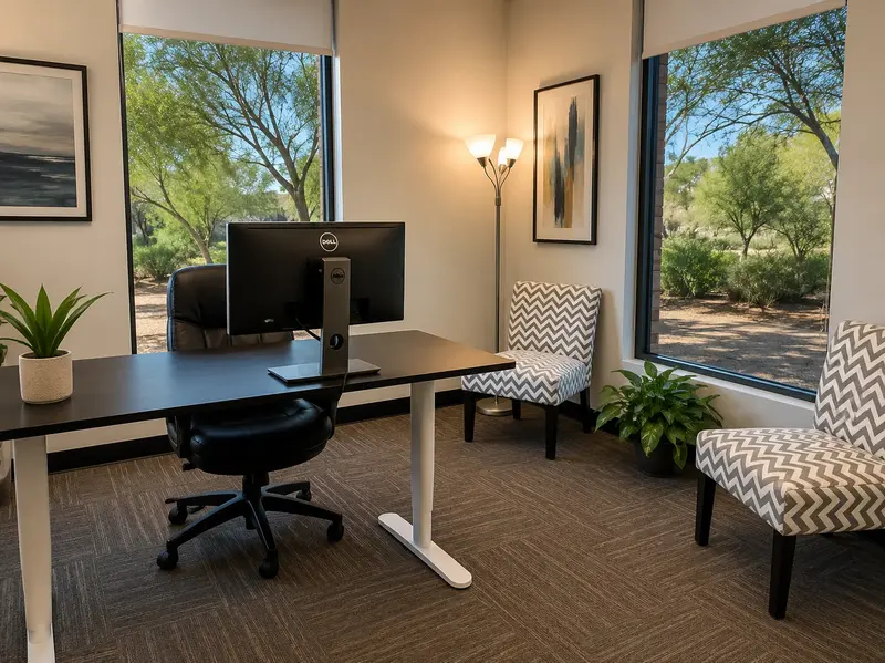 Spacious Suite 110 private office featuring a sit-stand desk, monitor setup, and large windows with desert views.