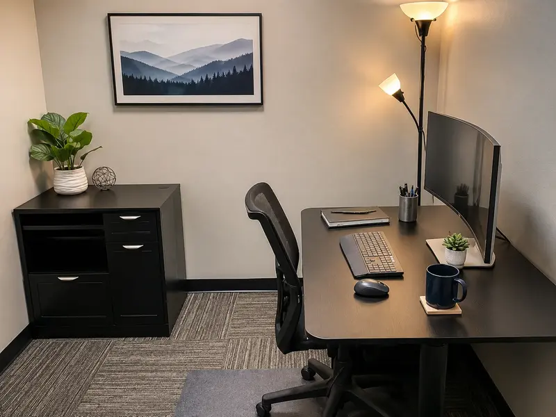 Private office Suite 109 with electric sit-stand desk, 34-inch curved monitor, and ergonomic mesh task chair.