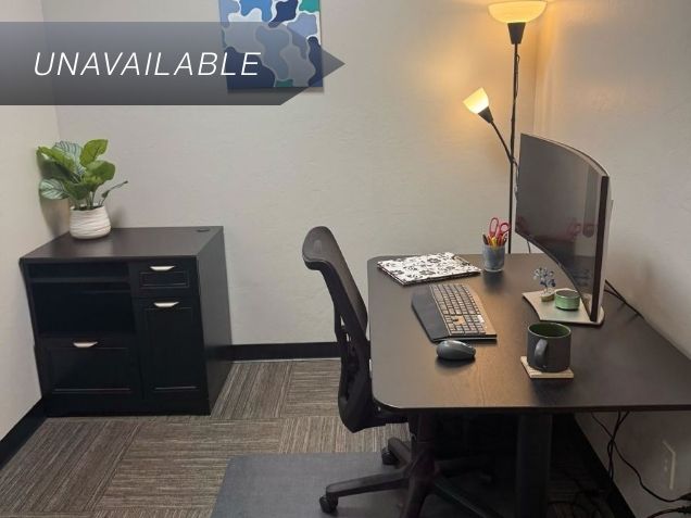 Private mini office Suite 109 with a sit-stand desk, curved monitor, and ergonomic chair for focused work.