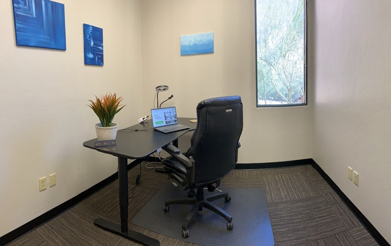 An office workspace in Suite 113 featuring a desk with a laptop and a potted plant, accompanied by an office chair and a whiteboard in the background.