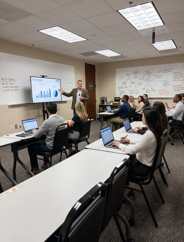 Professional training room in Suite 690 with rows of desks, whiteboards, and a mobile TV for presentations.