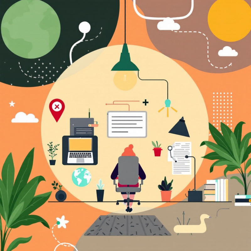 A colorful illustration of a person at a desk with a laptop and plants, representing hybrid work and global productivity.
