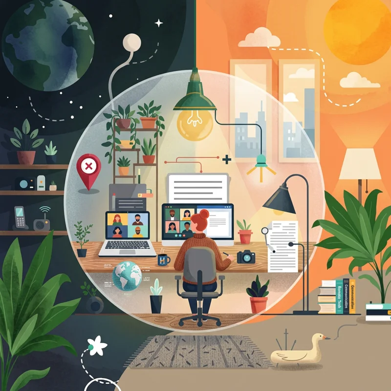 A colorful illustration of a person at a desk with a laptop and plants, representing hybrid work and global productivity.