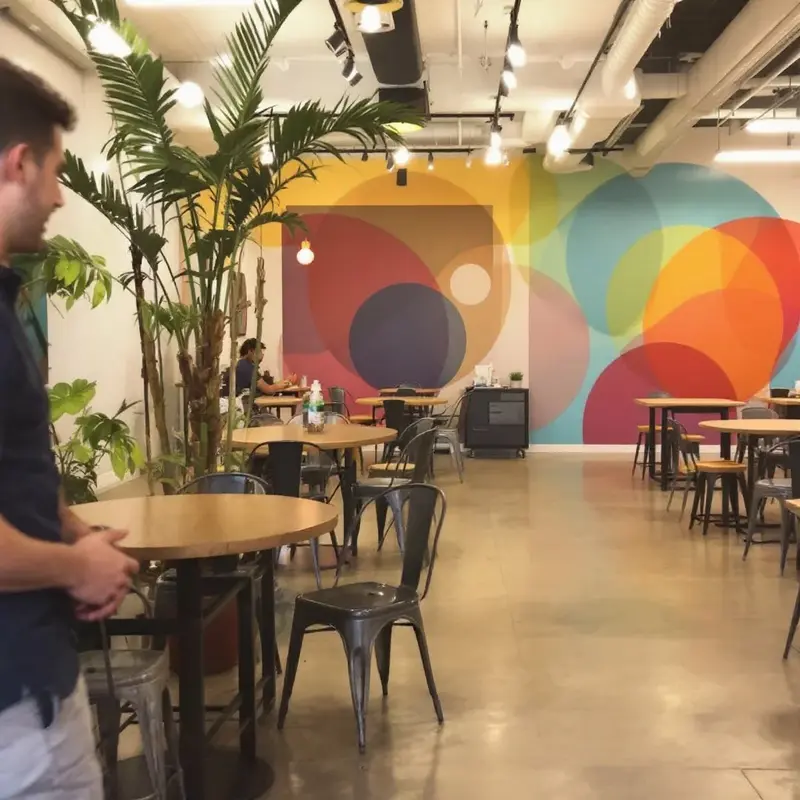 Modern coworking cafe at Spoke Coworking in East Tucson featuring a vibrant geometric mural and industrial seating.