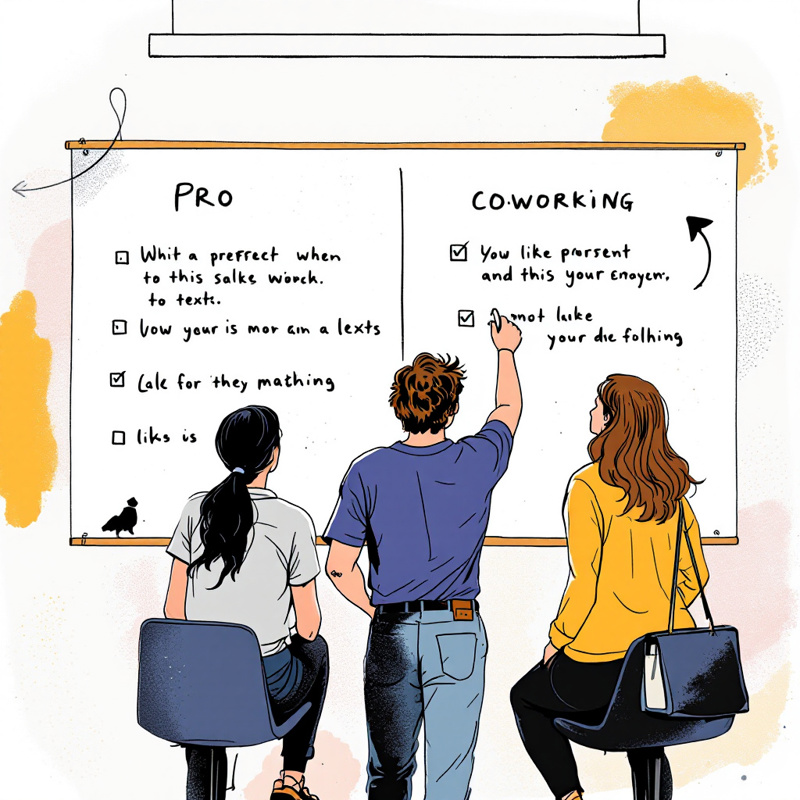 A group of people observing an abstract whiteboard split into two columns representing the pros and cons of coworking, with no legible text.