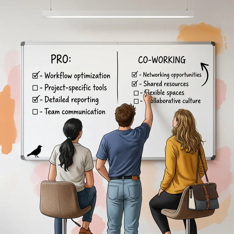 An illustration of three people reviewing a list of pros and cons for coworking on a large whiteboard.