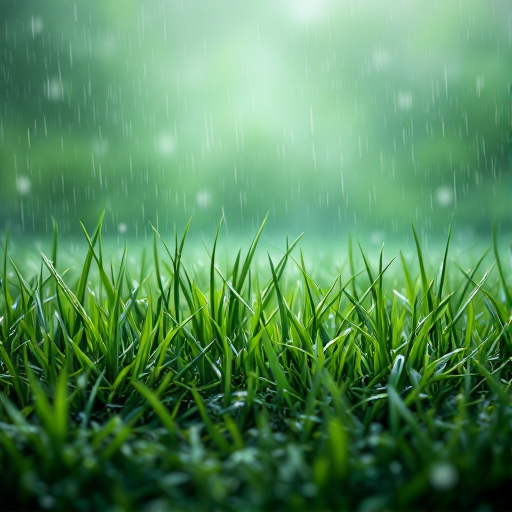 Close-up of vibrant green grass blades during a light rain shower with a soft, blurred green background.