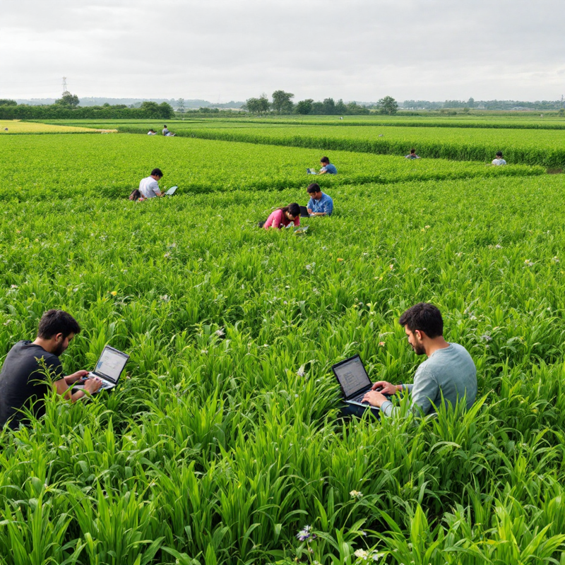 A group of people sitting and working on laptops in a vast, lush green field under an overcast sky.
