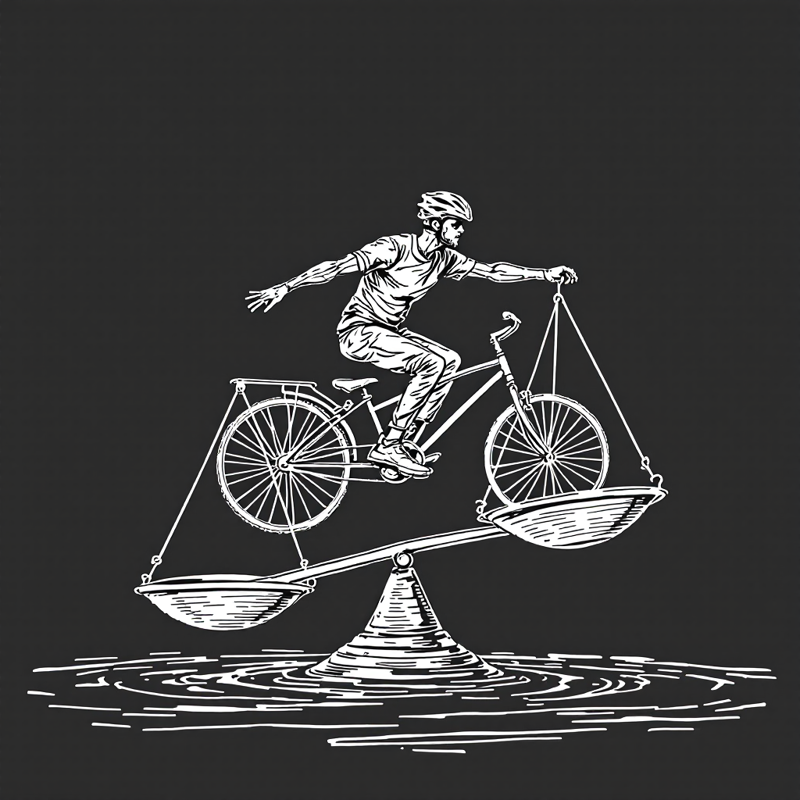 Conceptual line drawing of a person on a bicycle balancing on a large scale over water, symbolizing work-life balance.