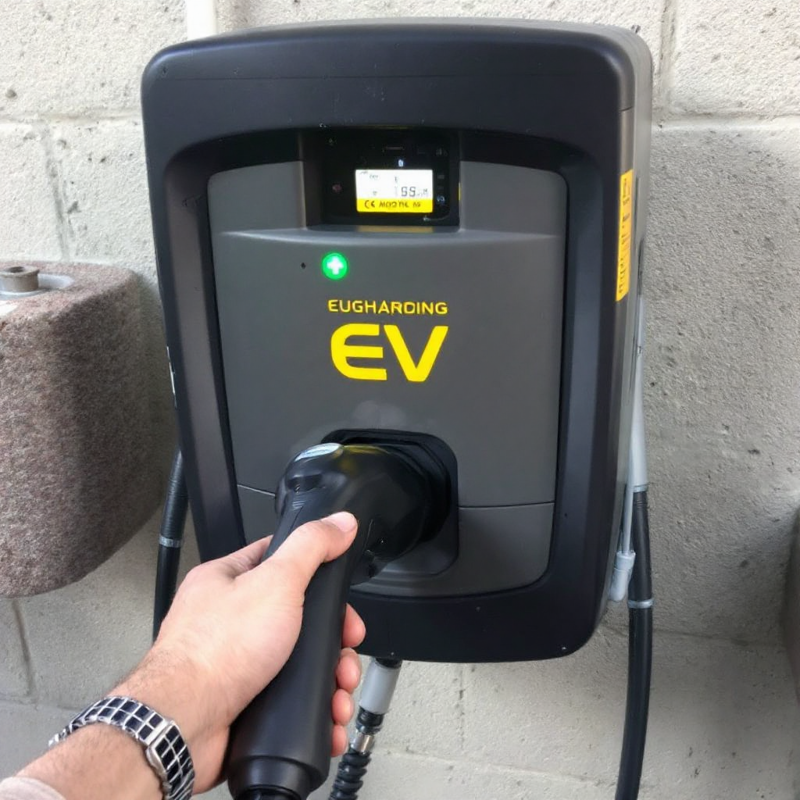 Hand holding an EV charging plug at a wall-mounted EUGHARDING electric vehicle charging station in Tucson.
