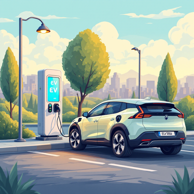 Stylized illustration of a white electric SUV plugged into a public EV charging station in a city park.