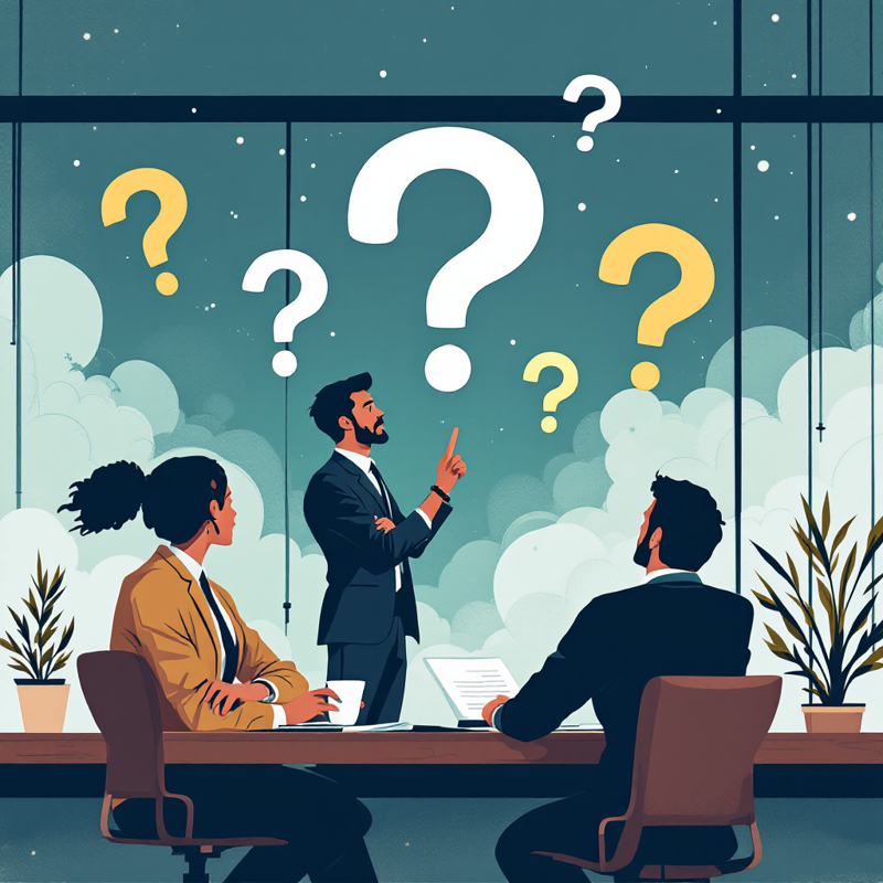 A group of business professionals in a corporate setting pondering an idea with question marks above their heads.