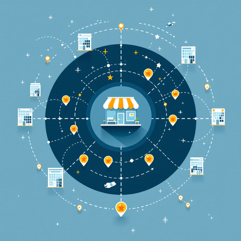 A stylized illustration of a hub-and-spoke business model with a central store connected to various satellite branches.