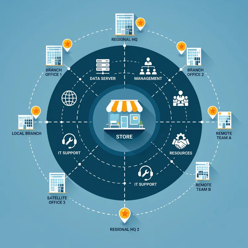 Stylized hub-and-spoke business network illustration showing a central storefront connected to satellite offices and location pins.
