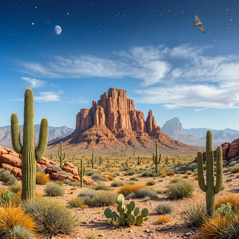 Stylized Arizona desert landscape with saguaro cacti and red rock buttes under a day-to-night transitioning sky.