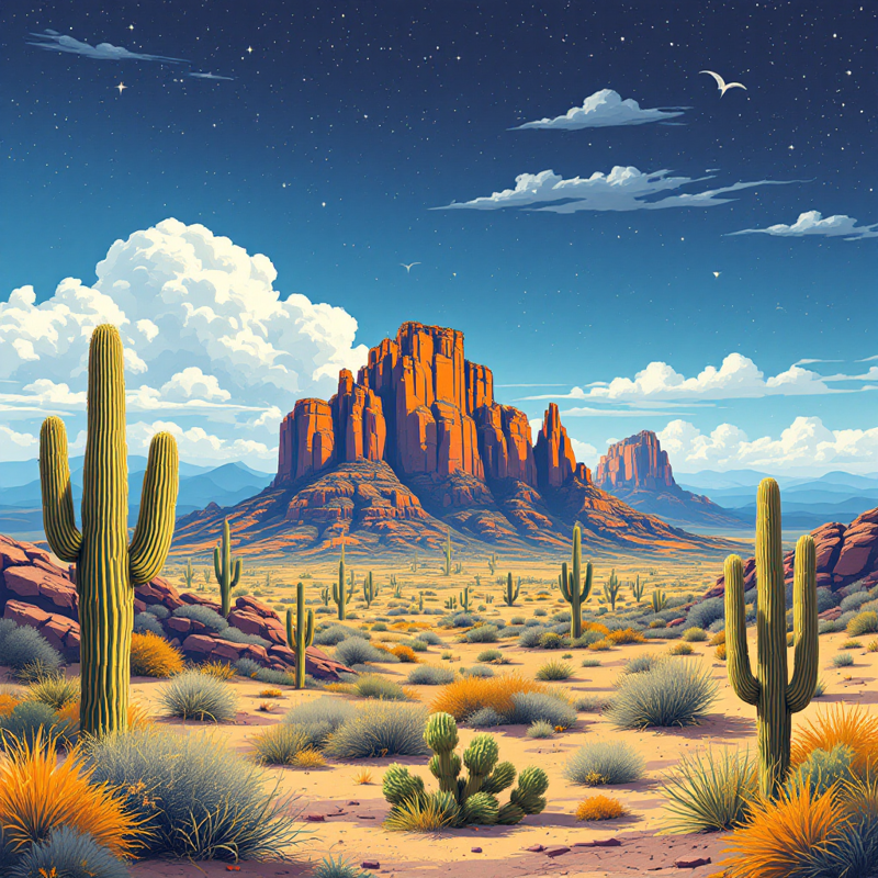 A map of Arizona in the background decorated with desert elements such as cacti, sand dunes, and a bright sun.