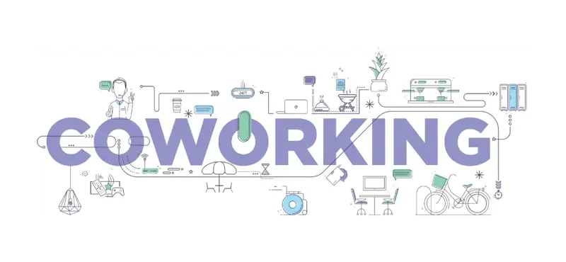 Graphic illustration of the word 'COWORKING' with icons representing amenities like coffee, 24/7 access, and workspaces.