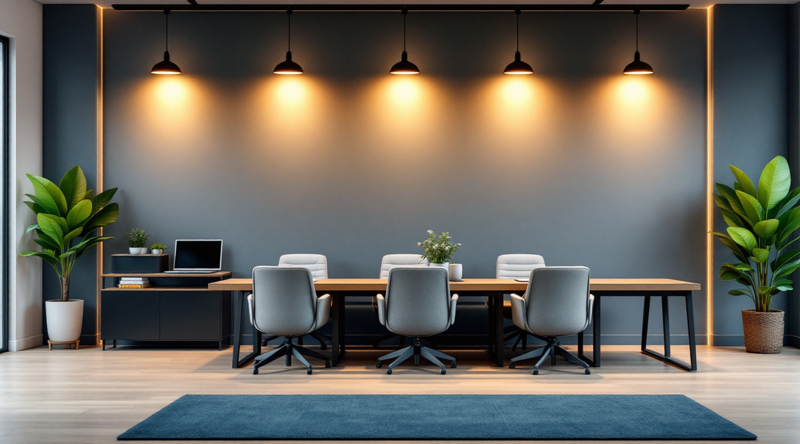 A modern conference room featuring a long wooden table, grey ergonomic chairs, warm pendant lighting, and large indoor plants.