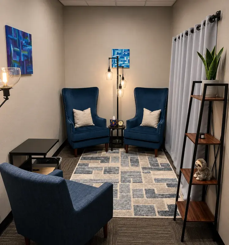 Cozy Huddle Hub meeting room at Spoke Coworking with navy velvet wingback chairs for private sessions.
