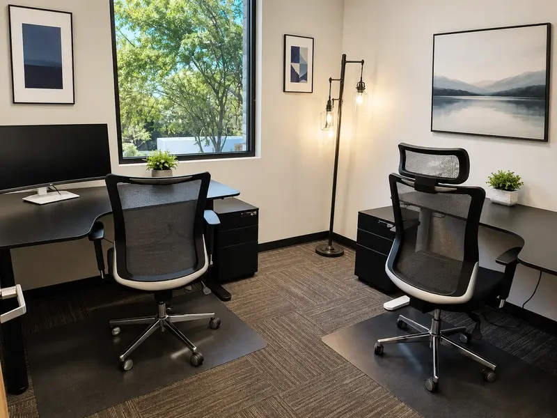 Private office Suite 125 at Spoke Coworking Lounge & Suites with two ergonomic workstations and natural light.