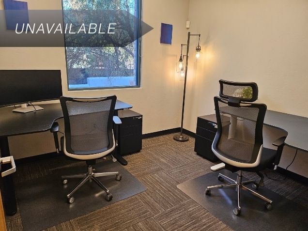 Private executive office Suite 125 with two workstations, ergonomic mesh chairs, and a large window for natural light.