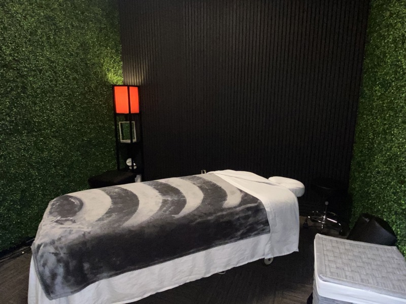Serene Suite 105 massage studio featuring a professional table, green foliage walls, and a dark slatted accent wall.