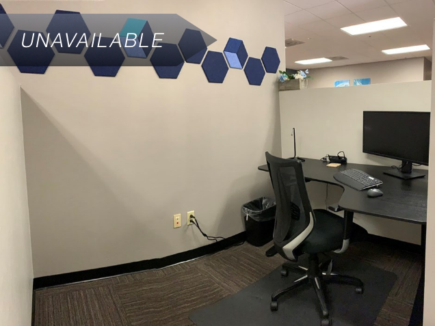 Semi-private dedicated desk 201 with a curved monitor and ergonomic chair in a professional office workspace.