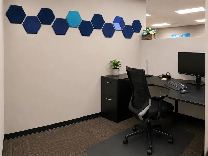 Semi-private dedicated Desk 201 workstation with sit-stand desk, ergonomic chair, and monitor at Spoke Coworking HQ.
