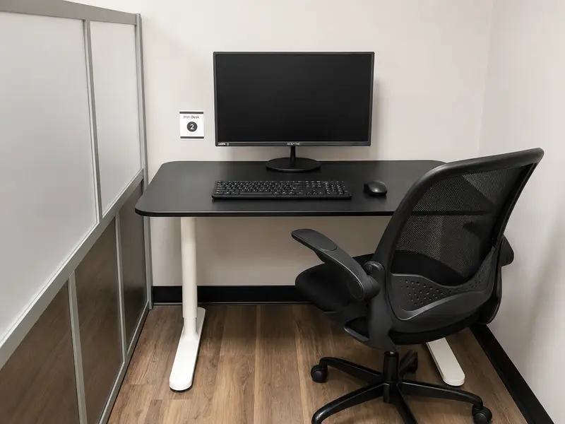 Semi-private Hot-Desk 2 workstation at Spoke Coworking in Tucson, featuring an ergonomic chair and desktop monitor.