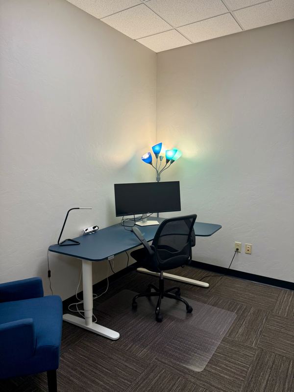 Private Mini Suite 115 workspace with a blue sit-stand desk, 34-inch curved monitor, and ergonomic mesh chair.