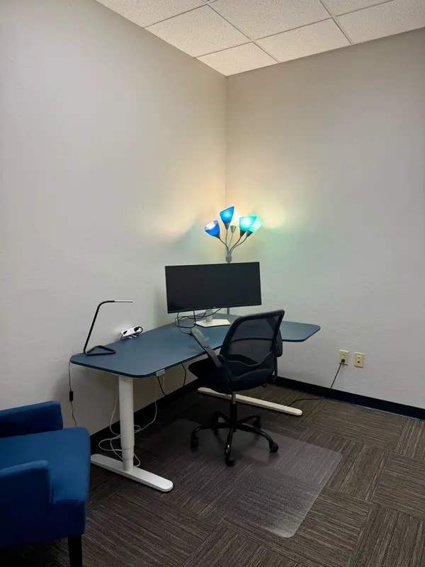 Private Mini Suite 115 office featuring a blue sit-stand desk, 34-inch curved monitor, and ergonomic mesh chair.