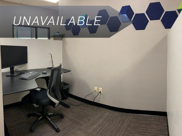 Semi-private dedicated desk 204 with a sit-stand desk, curved monitor, and ergonomic chair for a productive workspace.