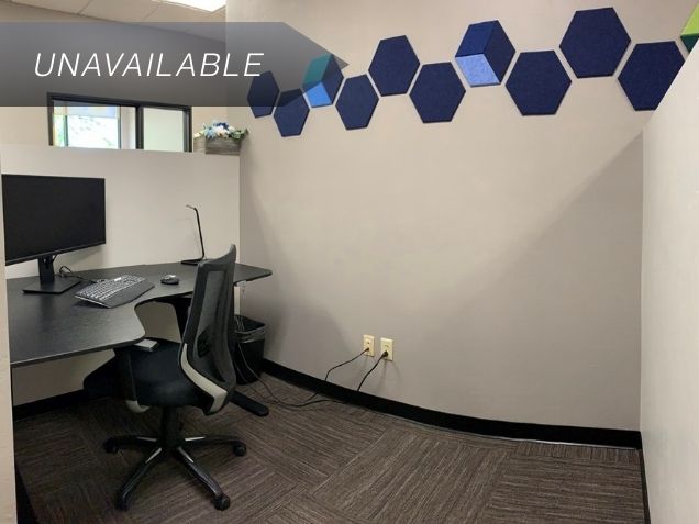 Semi-private dedicated Desk 204 featuring a sit-stand desk, curved monitor, and ergonomic chair in a professional workspace.