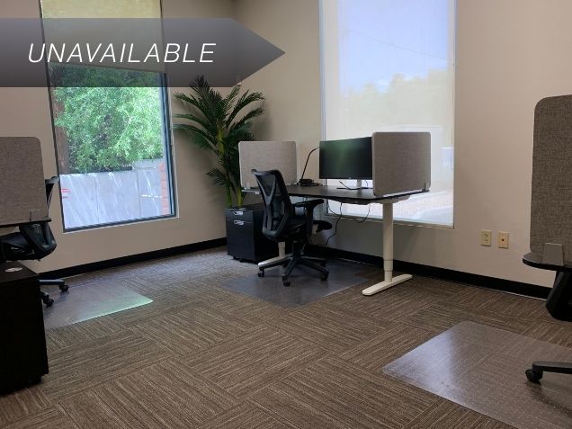 Private team office Suite 126 featuring ergonomic sit-stand desks, curved monitors, and natural light from large windows.
