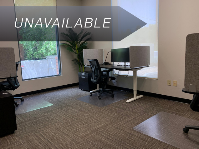 Private team office Suite 126 with ergonomic sit-stand desks, curved monitors, and bright natural light from large windows.