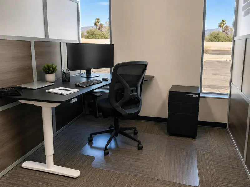 Dedicated desk 206 featuring an electric sit-stand workstation, curved monitor, and locking cabinet at Spoke Coworking.