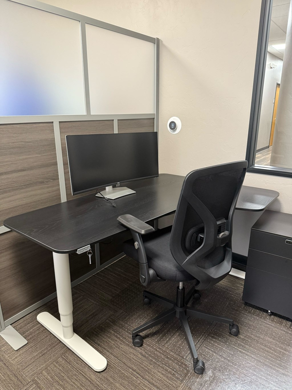 Semi-private Dedicated Desk 208 with an electric sit-stand desk, curved monitor, and ergonomic chair for focused work.