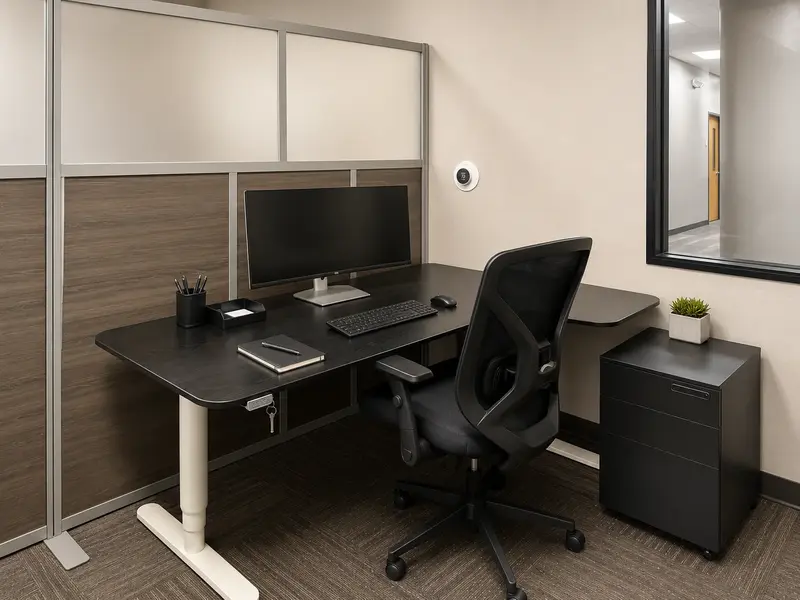 Dedicated Desk 208 semi-private workstation with electric sit-stand desk, curved monitor, and ergonomic mesh chair.