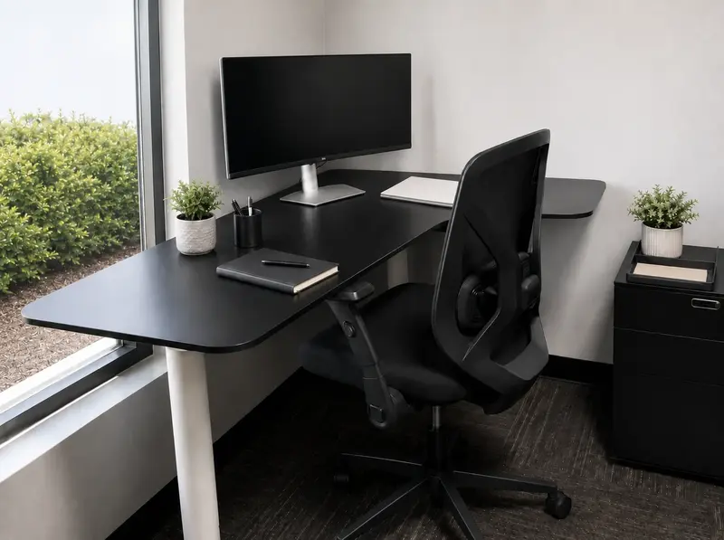 Dedicated Desk 210 at Spoke Coworking with an electric sit-stand desk, curved monitor, and ergonomic mesh task chair.