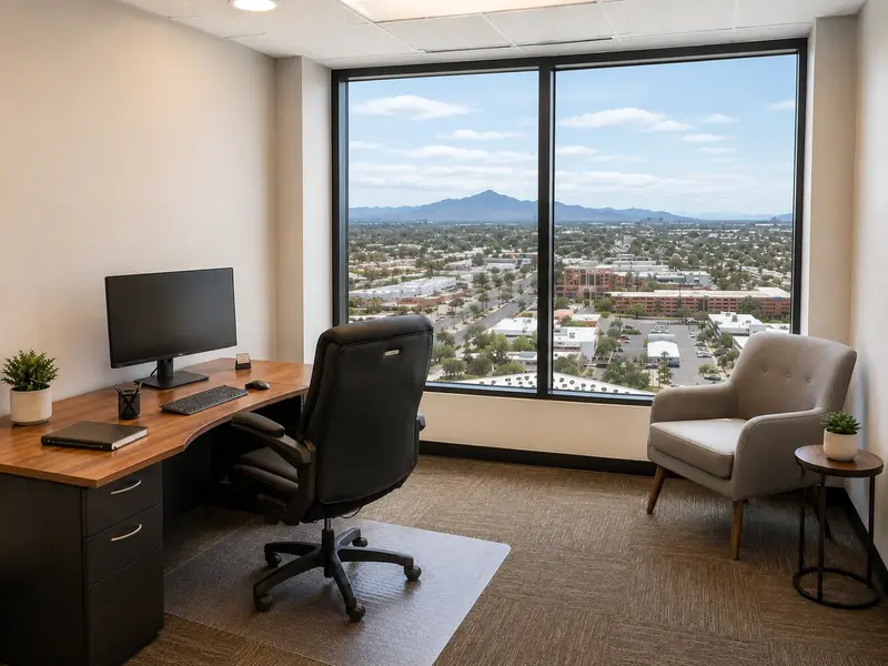 Executive private office Suite 103 at Spoke Tower Suites with desk, monitor, and scenic mountain views in Tucson.