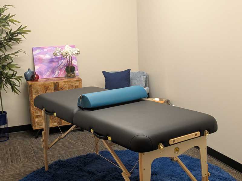 Private treatment room in Suite 102 featuring a professional massage table and calming decor for wellness services.