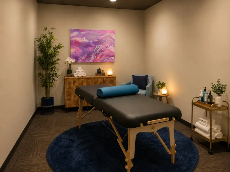 Private treatment room in Suite 102 featuring a professional massage table, calming lighting, and wellness amenities.