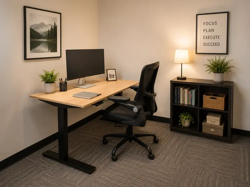 Private Micro Suite 136 at Spoke Coworking with sit-stand desk, curved monitor, and ergonomic chair.
