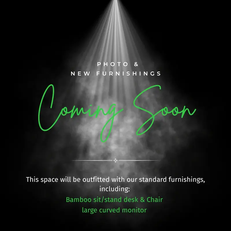 Coming soon announcement for Suite 108 private mini suite, featuring a bamboo sit/stand desk and large curved monitor.