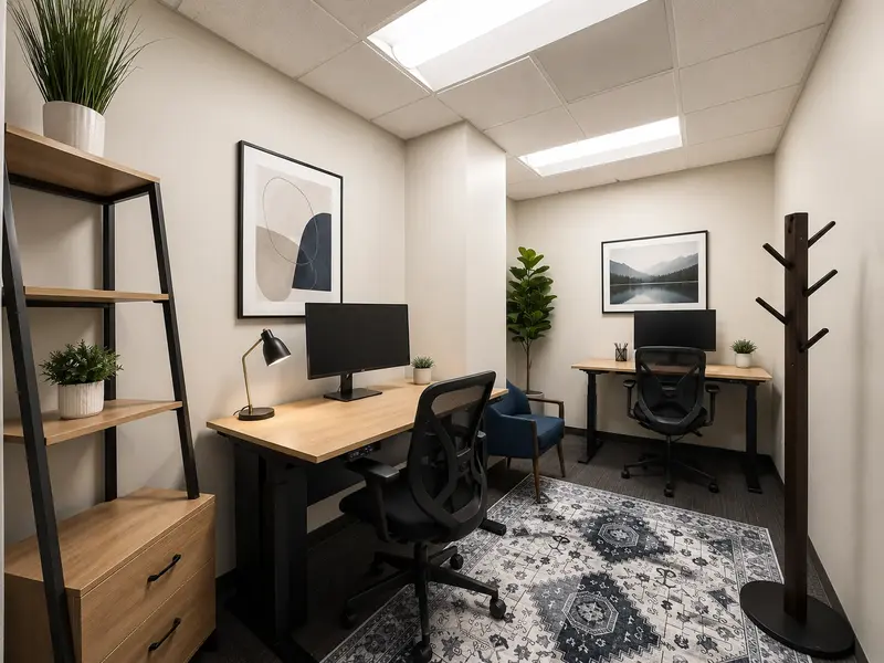 Furnished private office in Suite 112 with dual electric sit-stand desks, curved monitors, and ergonomic chairs.