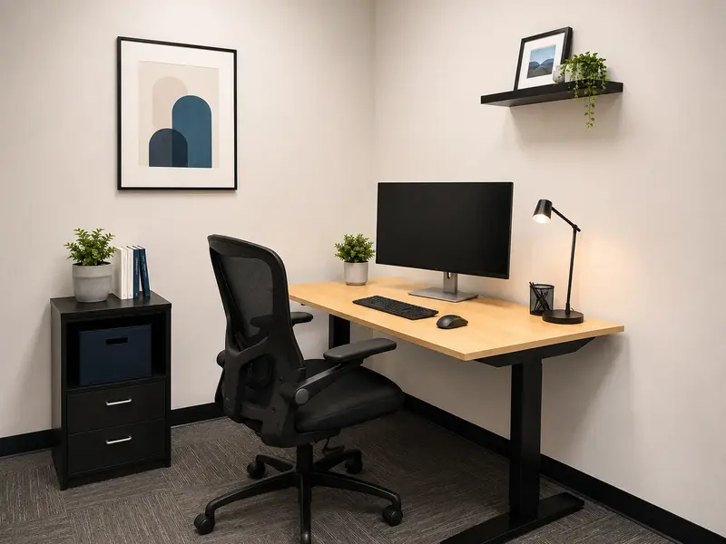 Private office Suite 135 with an ergonomic sit-stand desk, curved monitor, and mesh task chair for focused individual work.