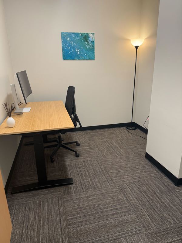 Private Mini Suite 113 office with a bamboo sit-stand desk, curved monitor, and ergonomic chair for focused work.